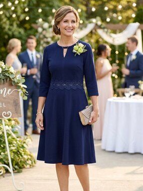 OWIN Navy Blue Crochet Lace Waist Fit Flare Midi Dress Size L NWT